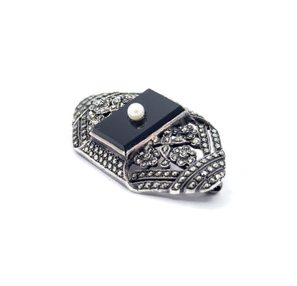 Art Deco Onyx & Pearl Brooch in Silver