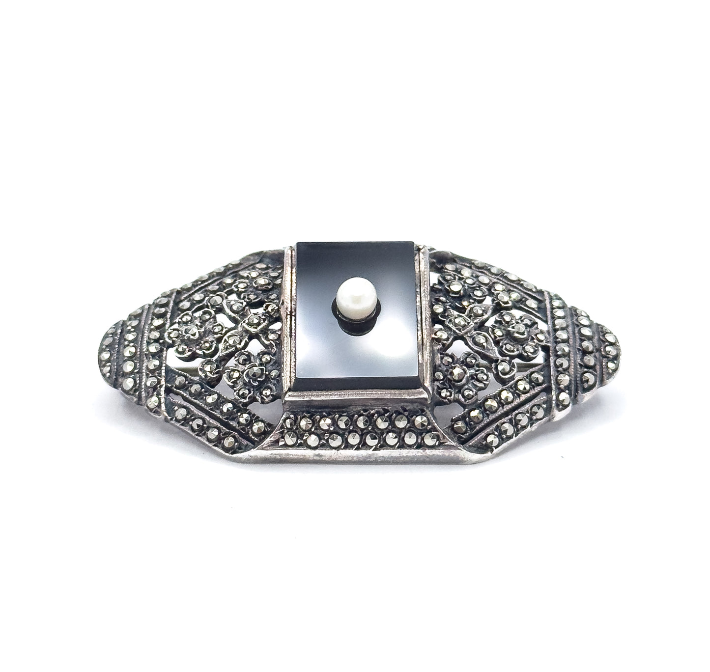 Art Deco Onyx & Pearl Brooch in Silver