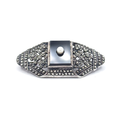 Art Deco Onyx & Pearl Brooch in Silver