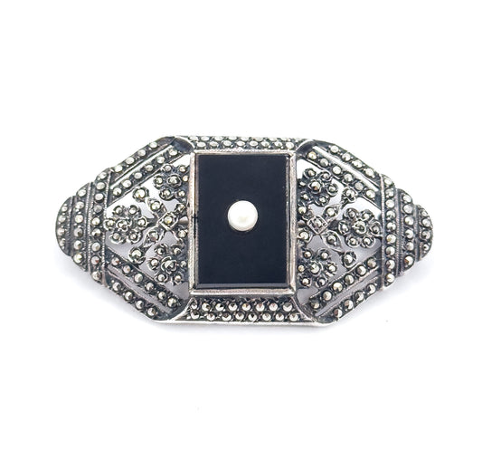 Art Deco Onyx & Pearl Brooch in Silver