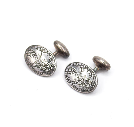 Antique Engraved Tulip Cufflinks in Silver