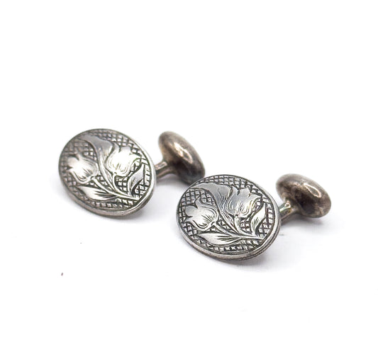 Antique Engraved Tulip Cufflinks in Silver