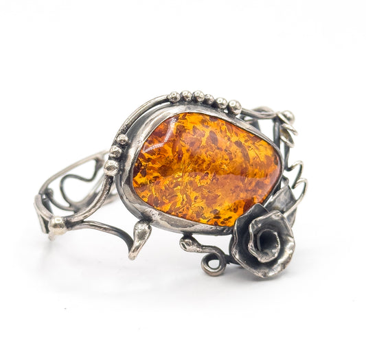 Vintage Handmade Amber Rose Bracelet in Silver