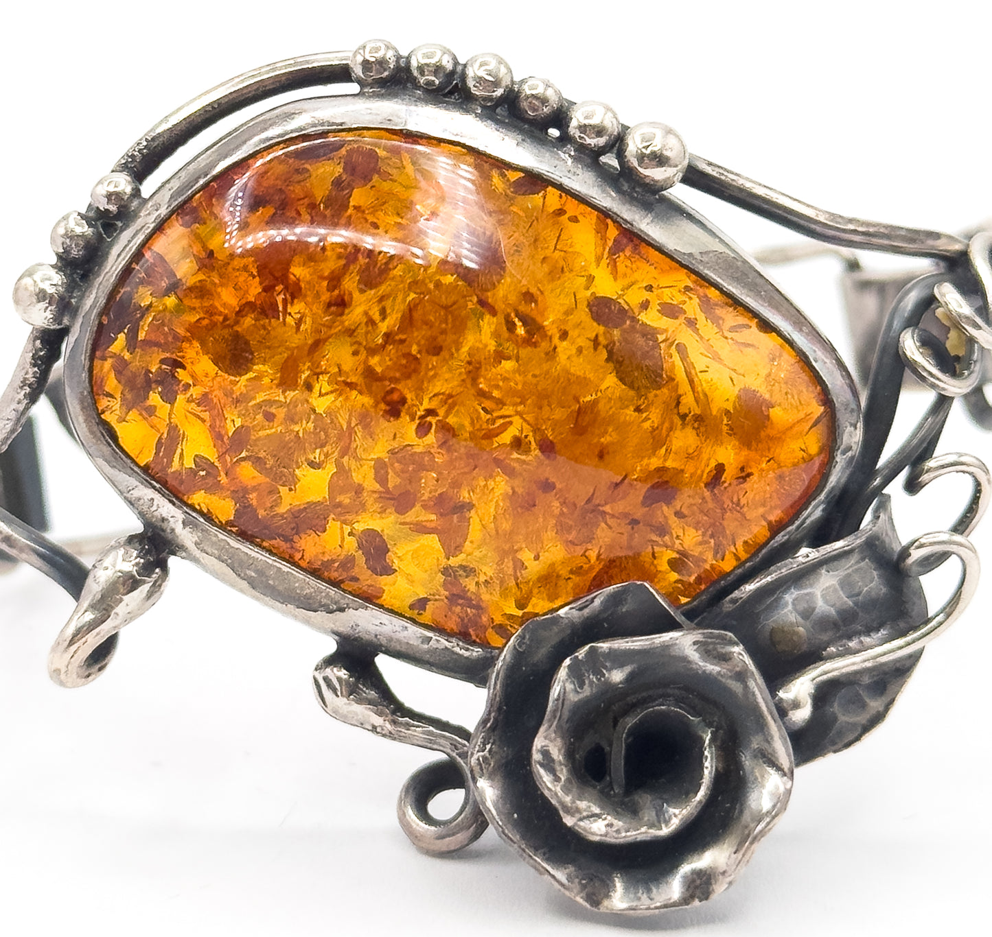 Vintage Handmade Amber Rose Bracelet in Silver