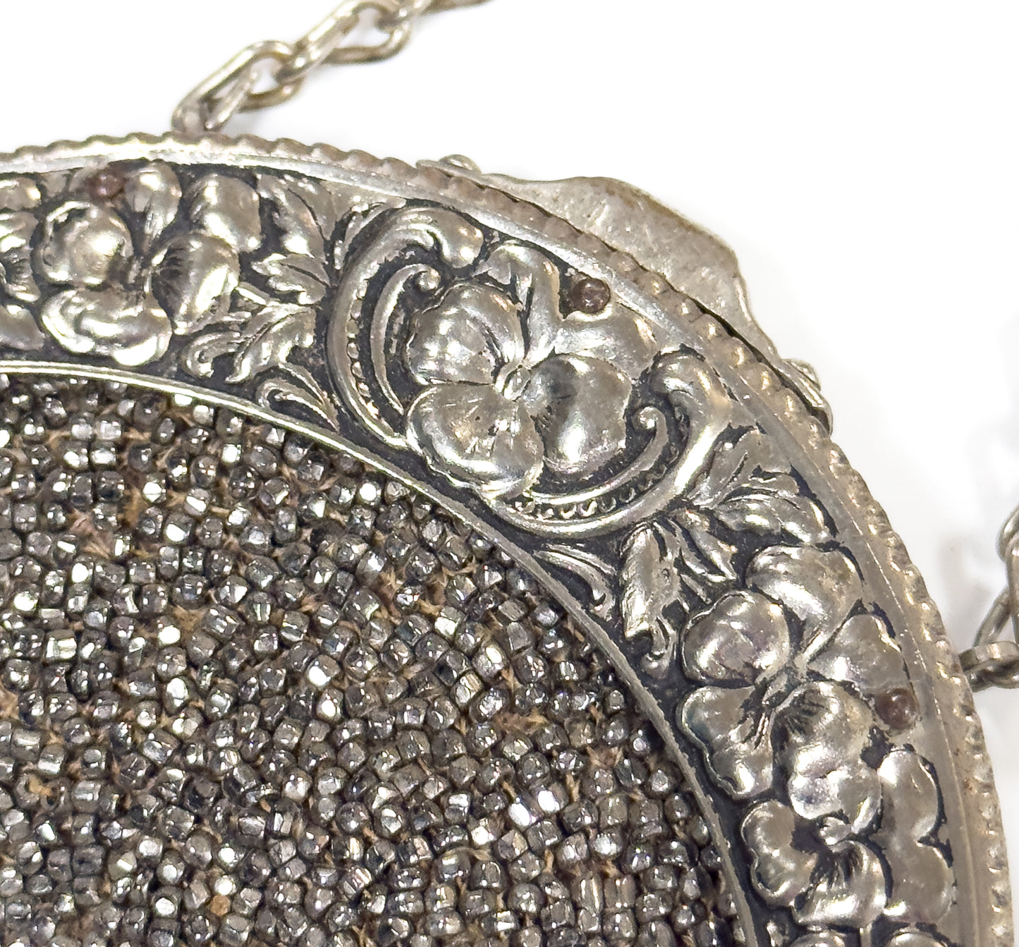 Antique Cut Steel Beaded Pansy Chatelaine Purse