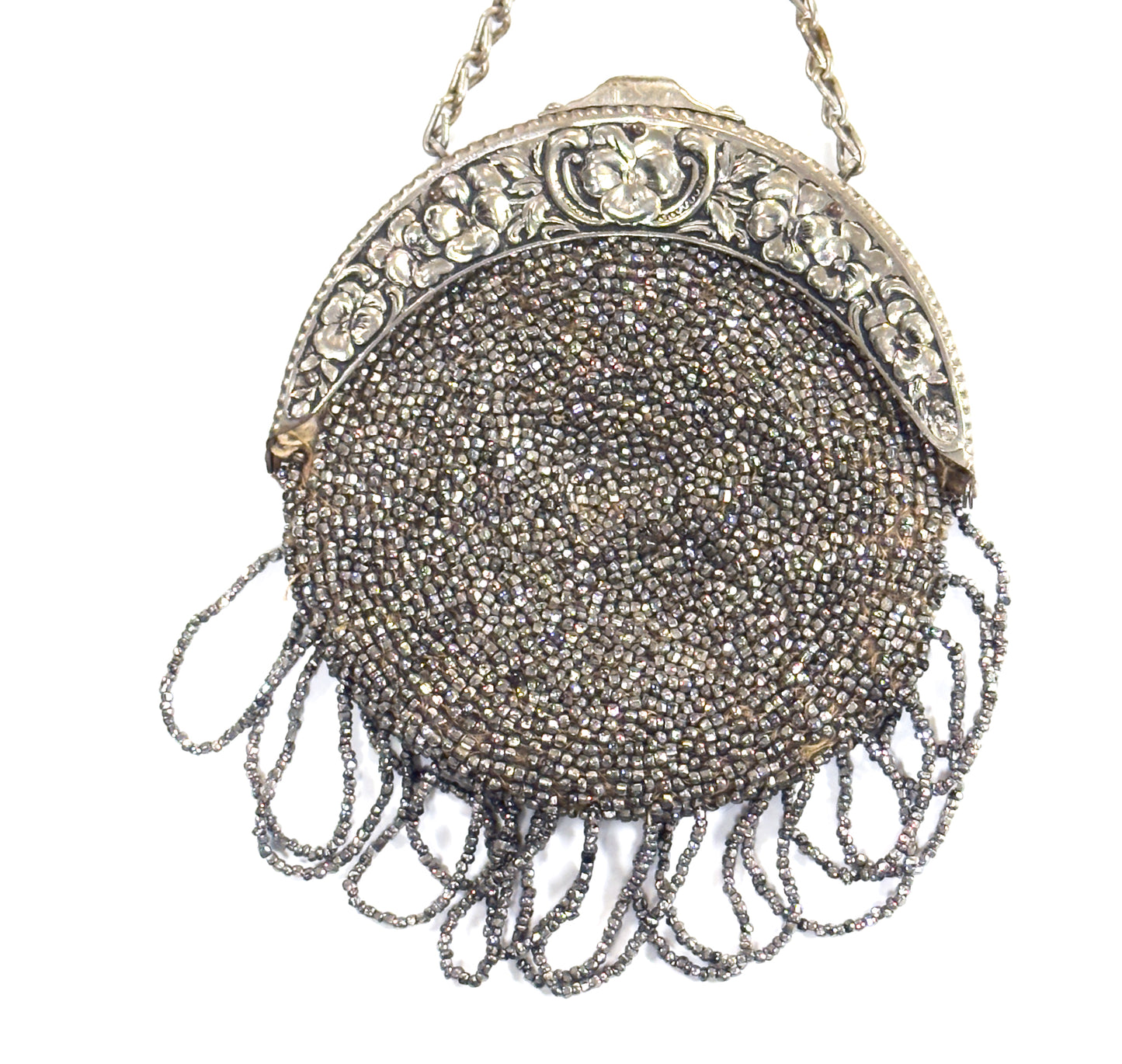 Antique Cut Steel Beaded Pansy Chatelaine Purse