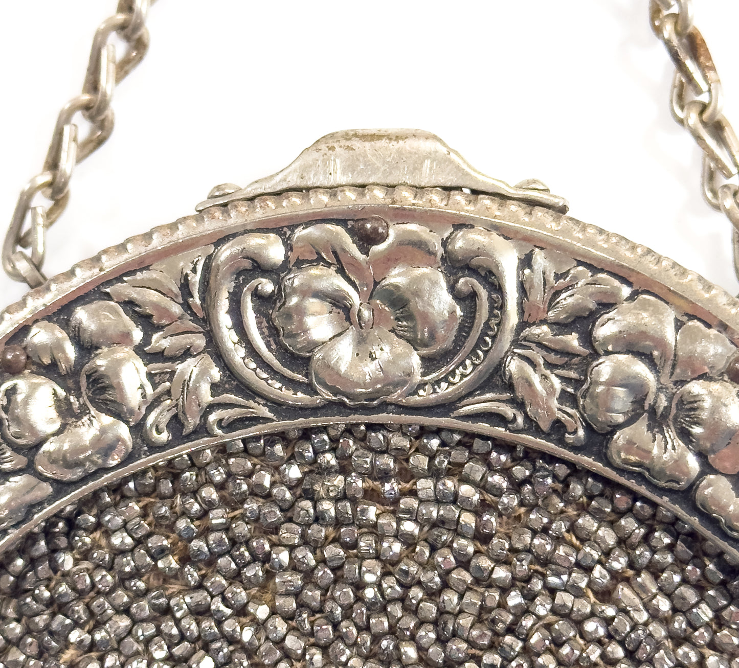 Antique Cut Steel Beaded Pansy Chatelaine Purse