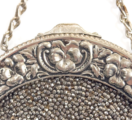 Antique Cut Steel Beaded Pansy Chatelaine Purse