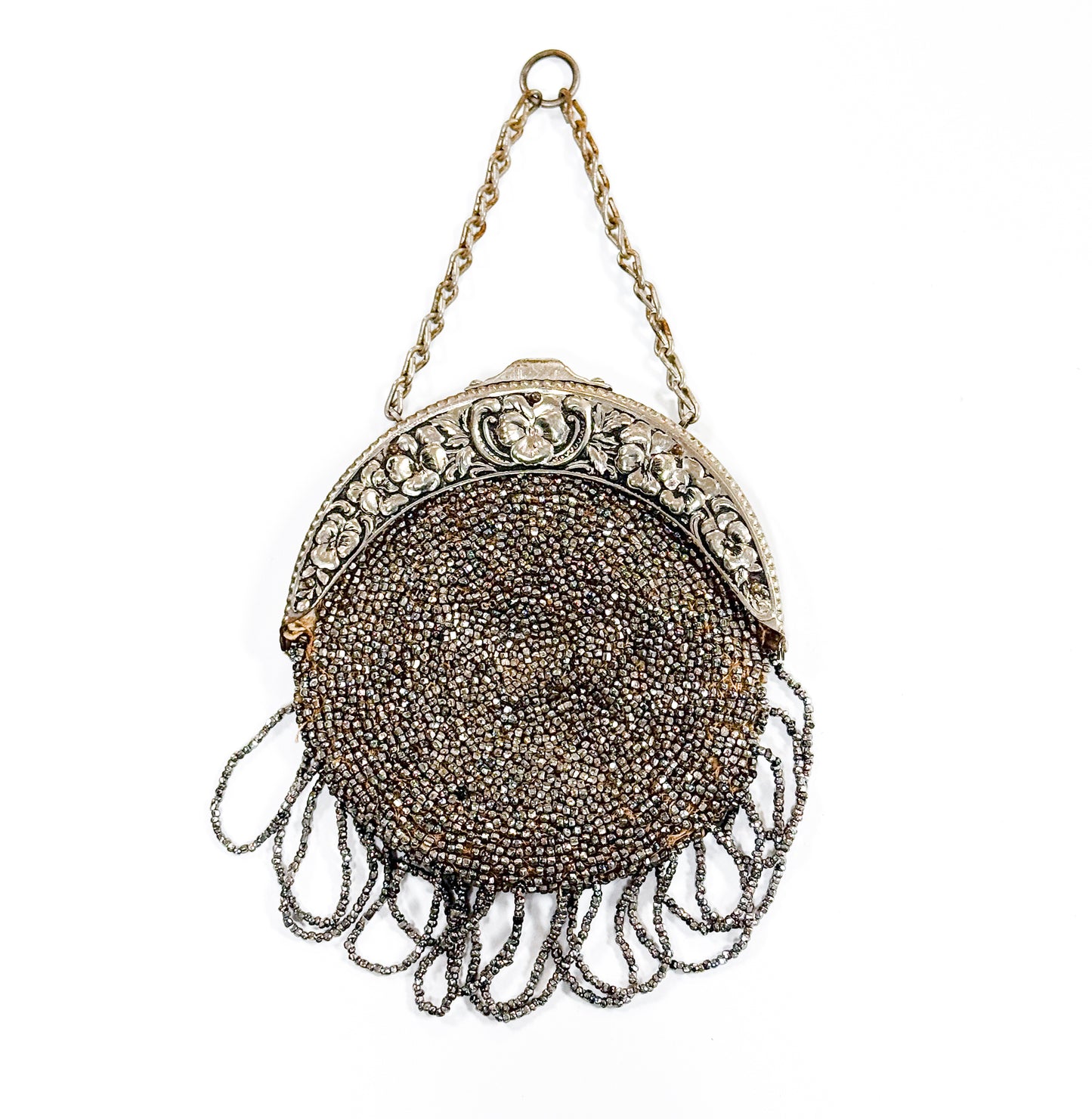 Antique Cut Steel Beaded Pansy Chatelaine Purse