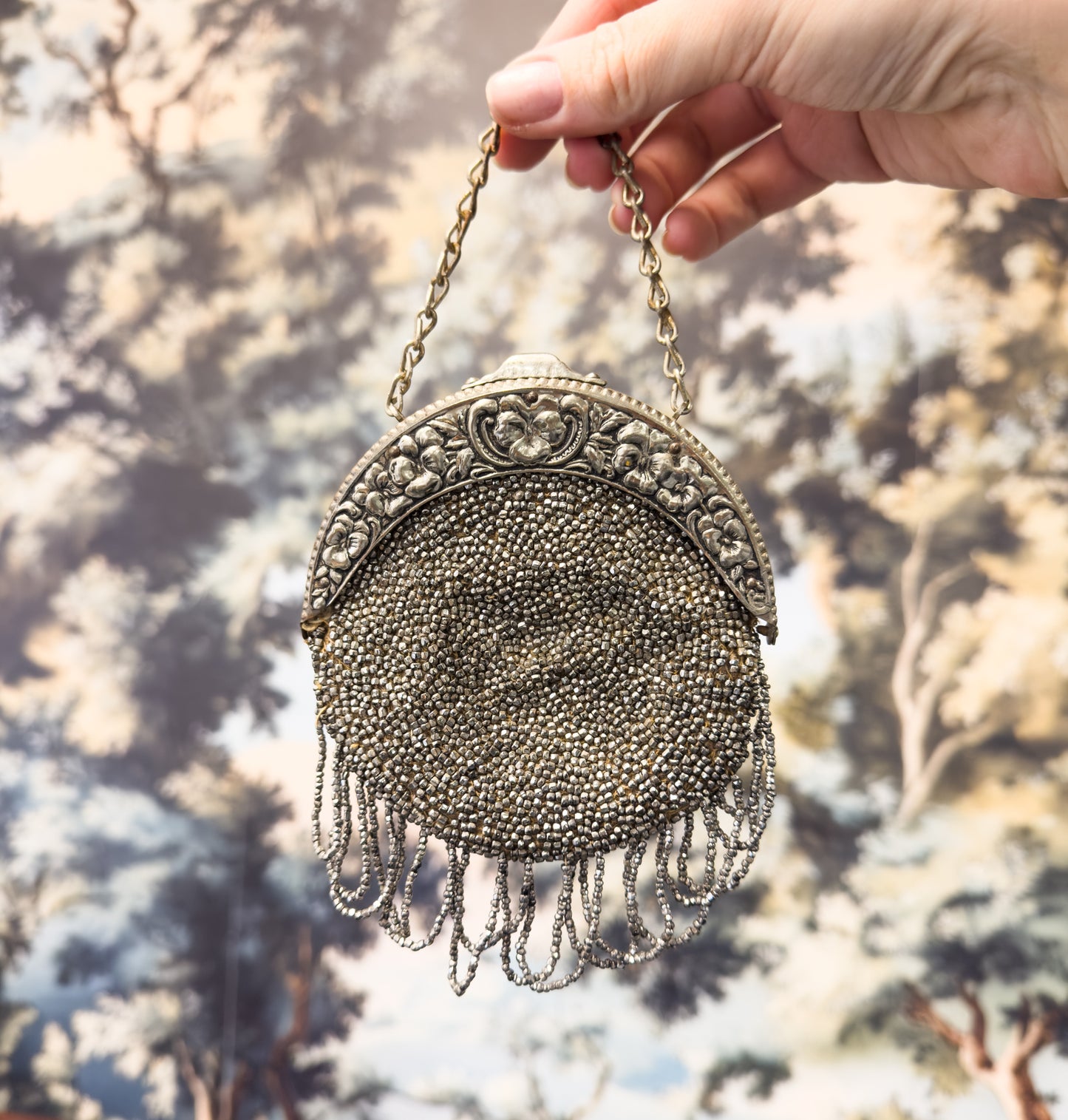 Antique Cut Steel Beaded Pansy Chatelaine Purse