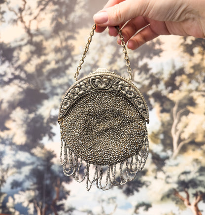 Antique Cut Steel Beaded Pansy Chatelaine Purse