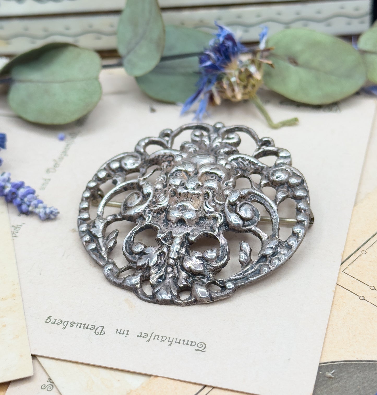 Antique Green Man Brooch with Foliate details in Sterling Silver
