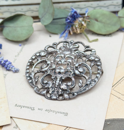 Antique Green Man Brooch with Foliate details in Sterling Silver