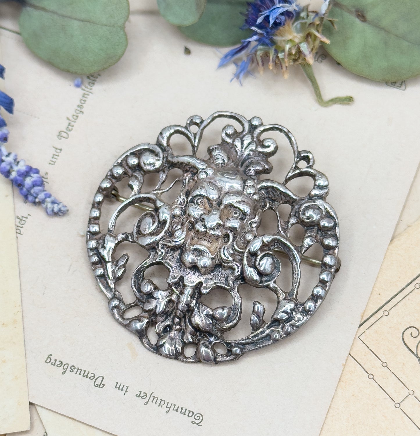 Antique Green Man Brooch with Foliate details in Sterling Silver