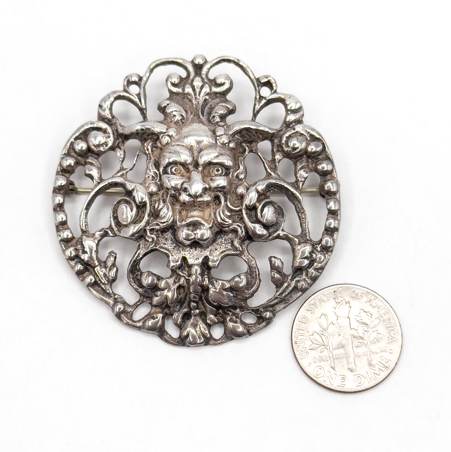 Antique Green Man Brooch with Foliate details in Sterling Silver