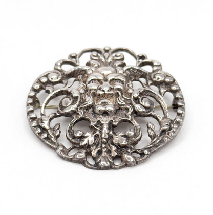 Antique Green Man Brooch with Foliate details in Sterling Silver