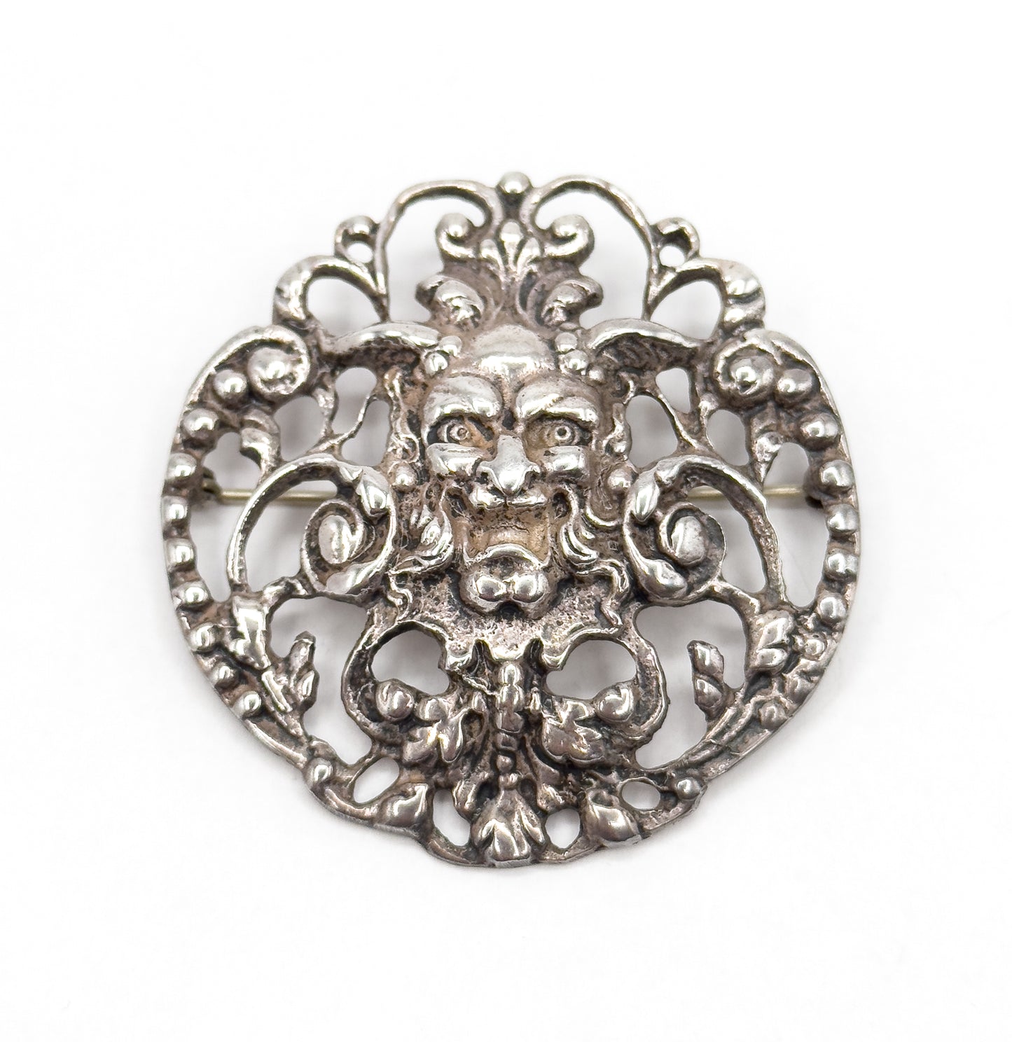 Antique Green Man Brooch with Foliate details in Sterling Silver