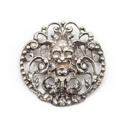 Antique Green Man Brooch with Foliate details in Sterling Silver