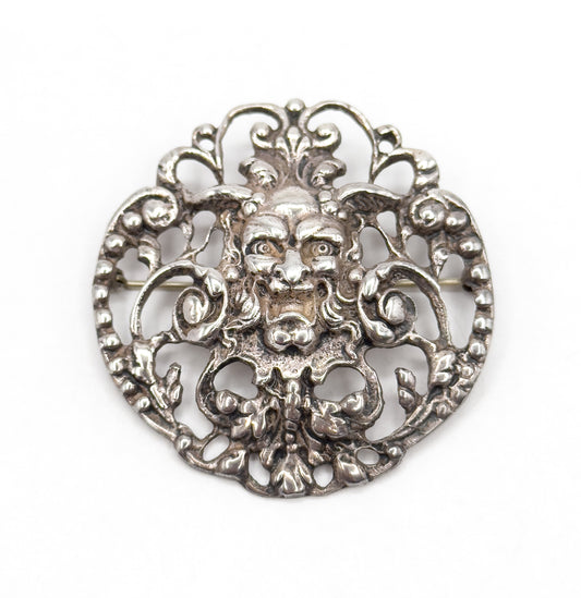 Antique Green Man Brooch with Foliate details in Sterling Silver