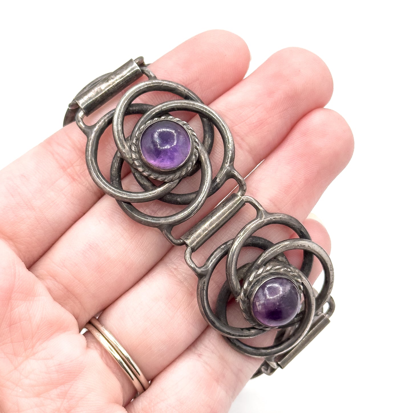 Vintage Mexican Silver Amethyst Cabochon Bracelet
