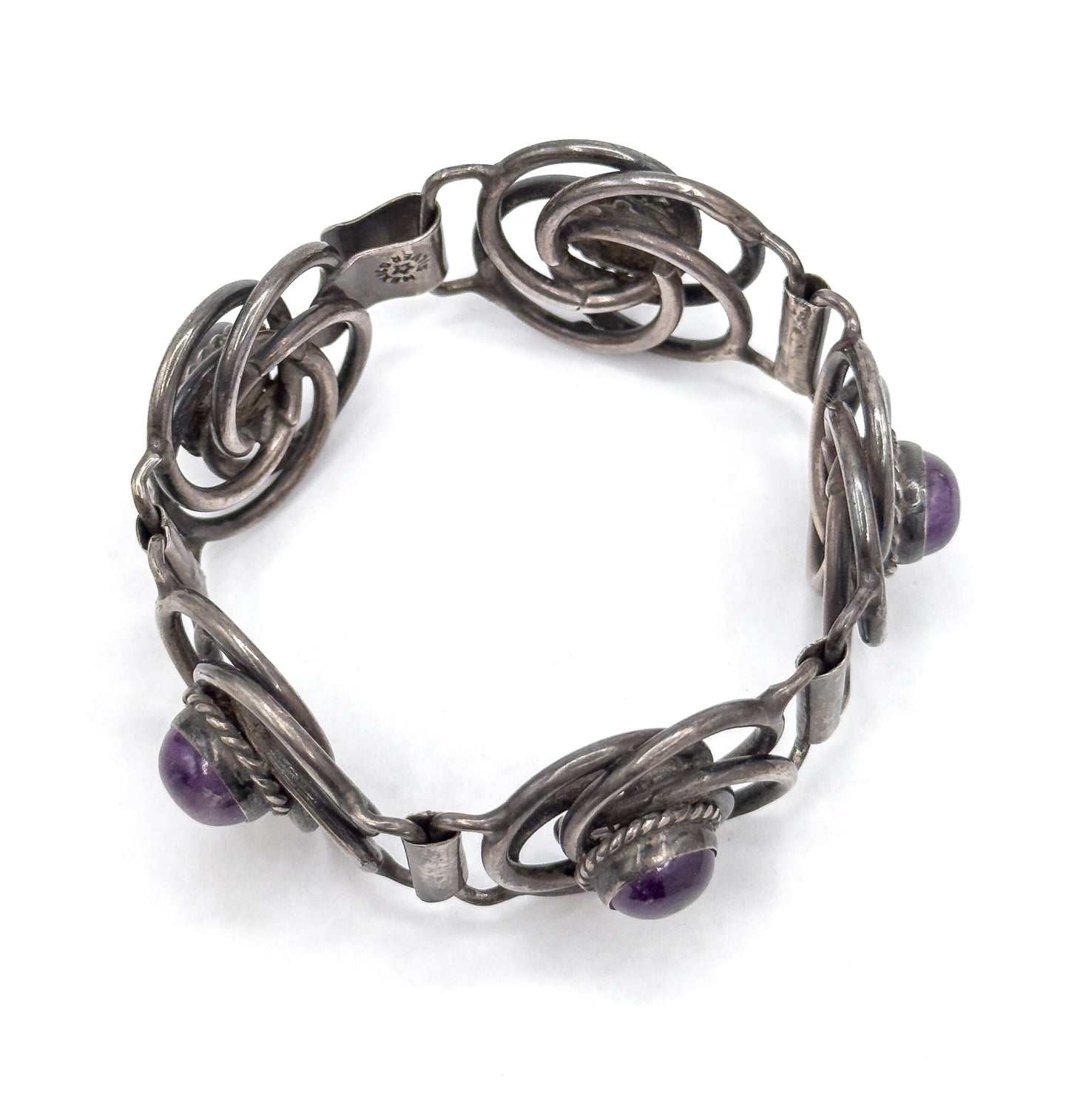 Vintage Mexican Silver Amethyst Cabochon Bracelet