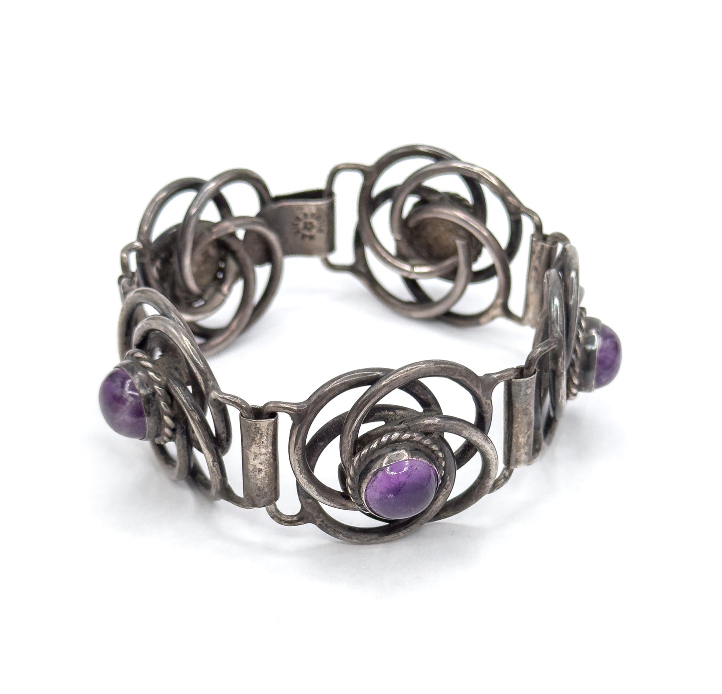 Vintage Mexican Silver Amethyst Cabochon Bracelet