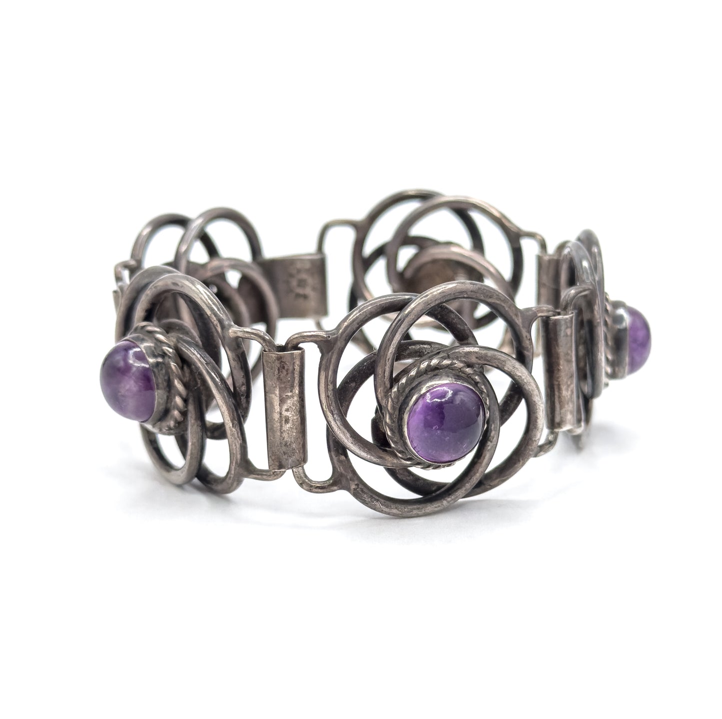 Vintage Mexican Silver Amethyst Cabochon Bracelet