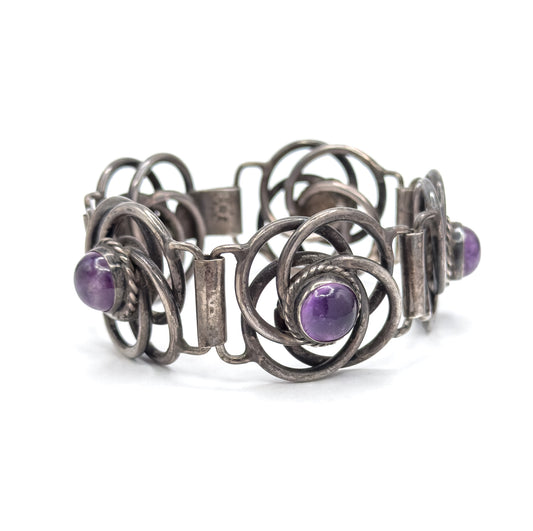 Vintage Mexican Silver Amethyst Cabochon Bracelet
