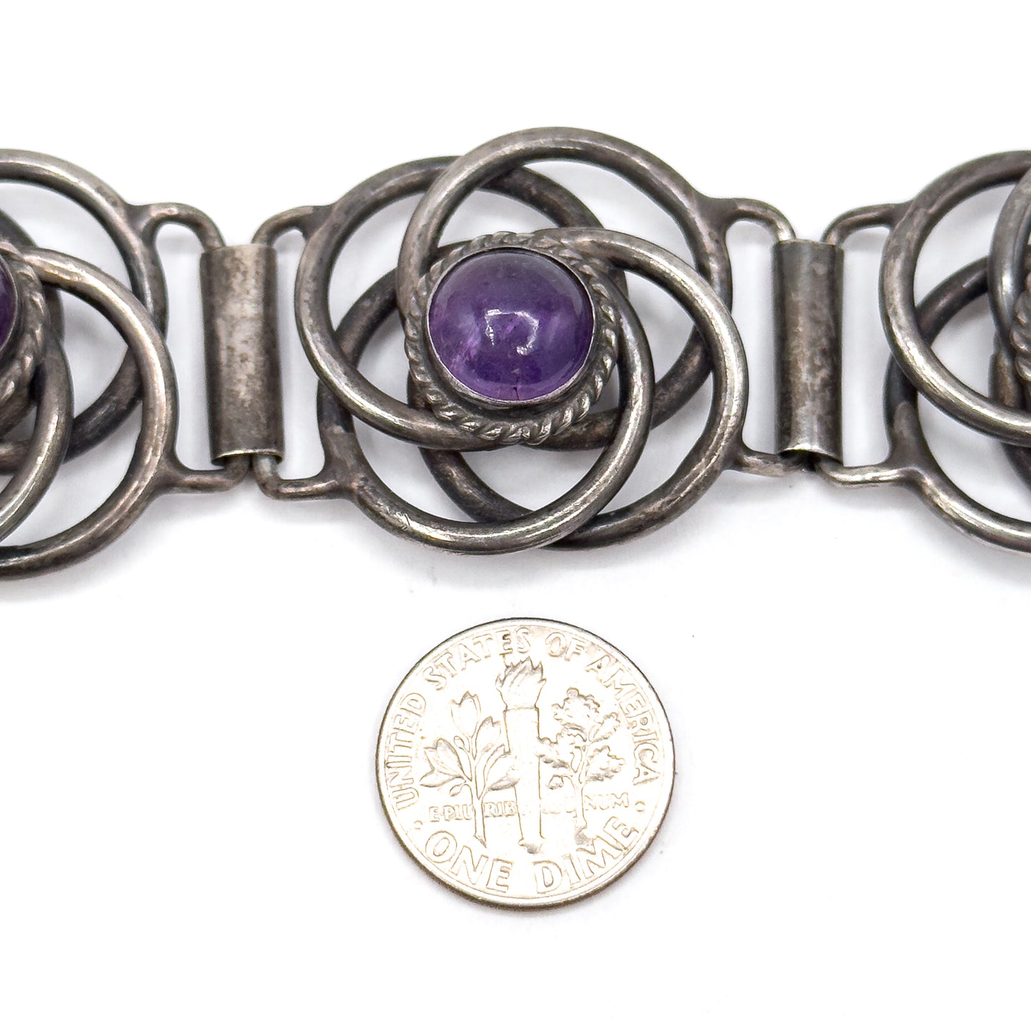 Vintage Mexican Silver Amethyst Cabochon Bracelet