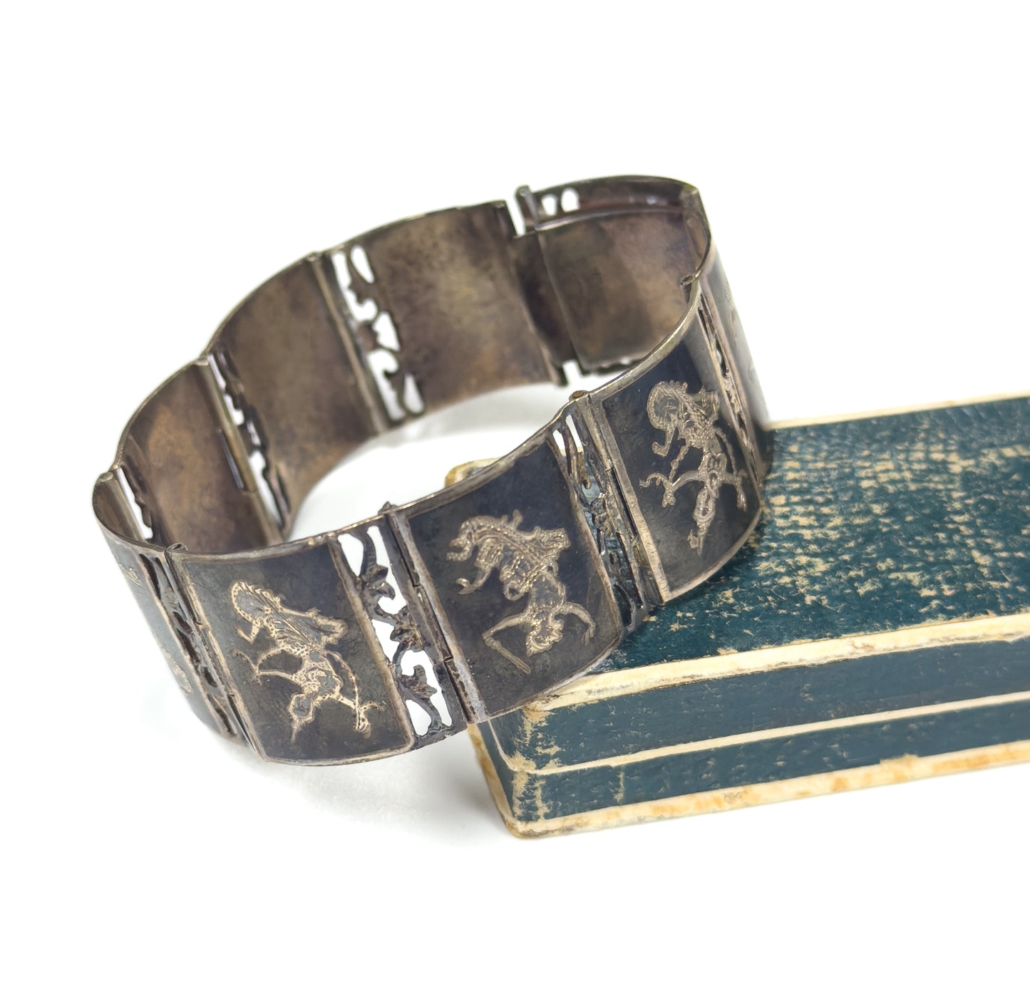Vintage Siam Silver Niello Thai Bracelet in Original Box