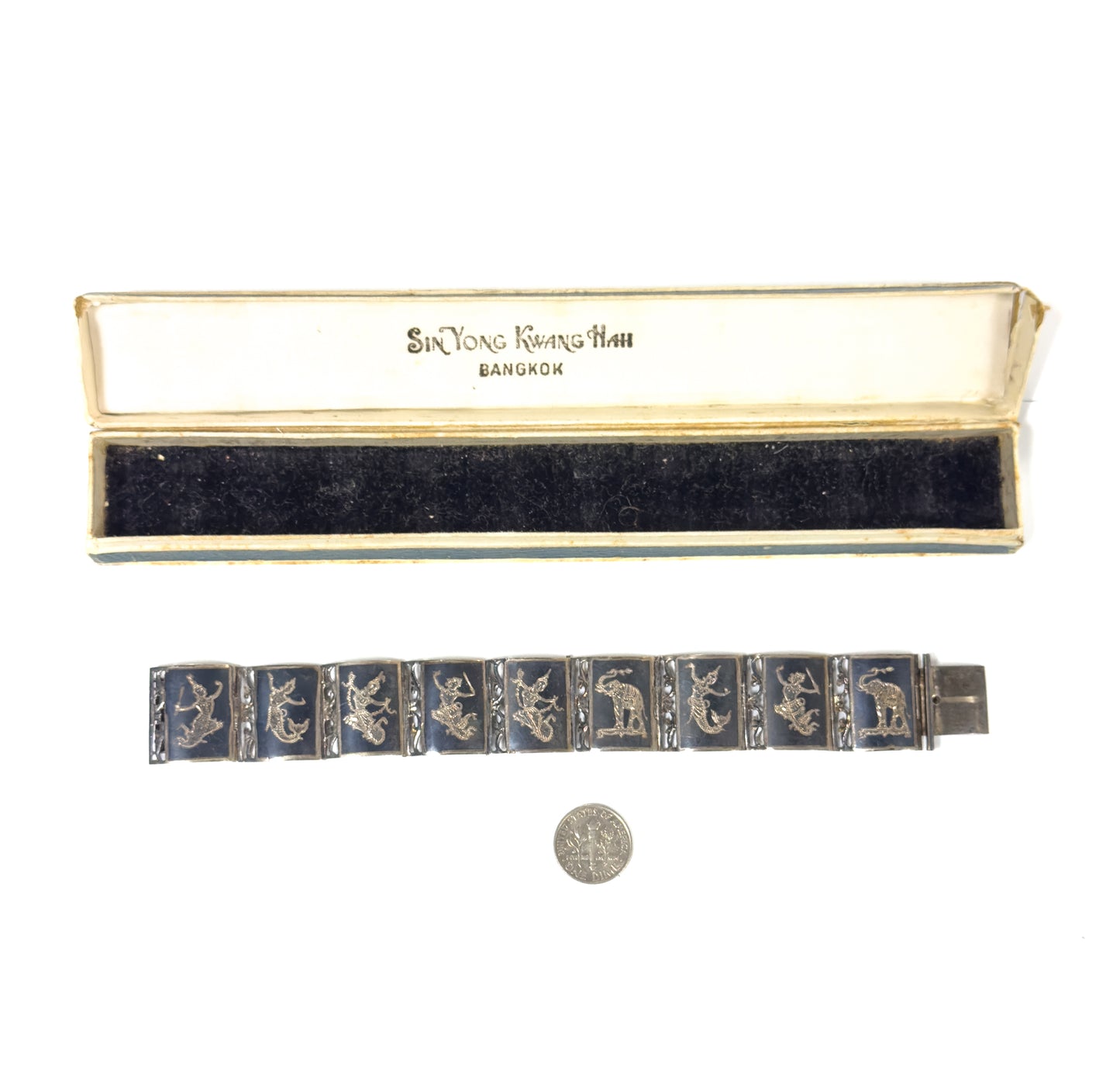 Vintage Siam Silver Niello Thai Bracelet in Original Box