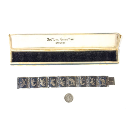 Vintage Siam Silver Niello Thai Bracelet in Original Box