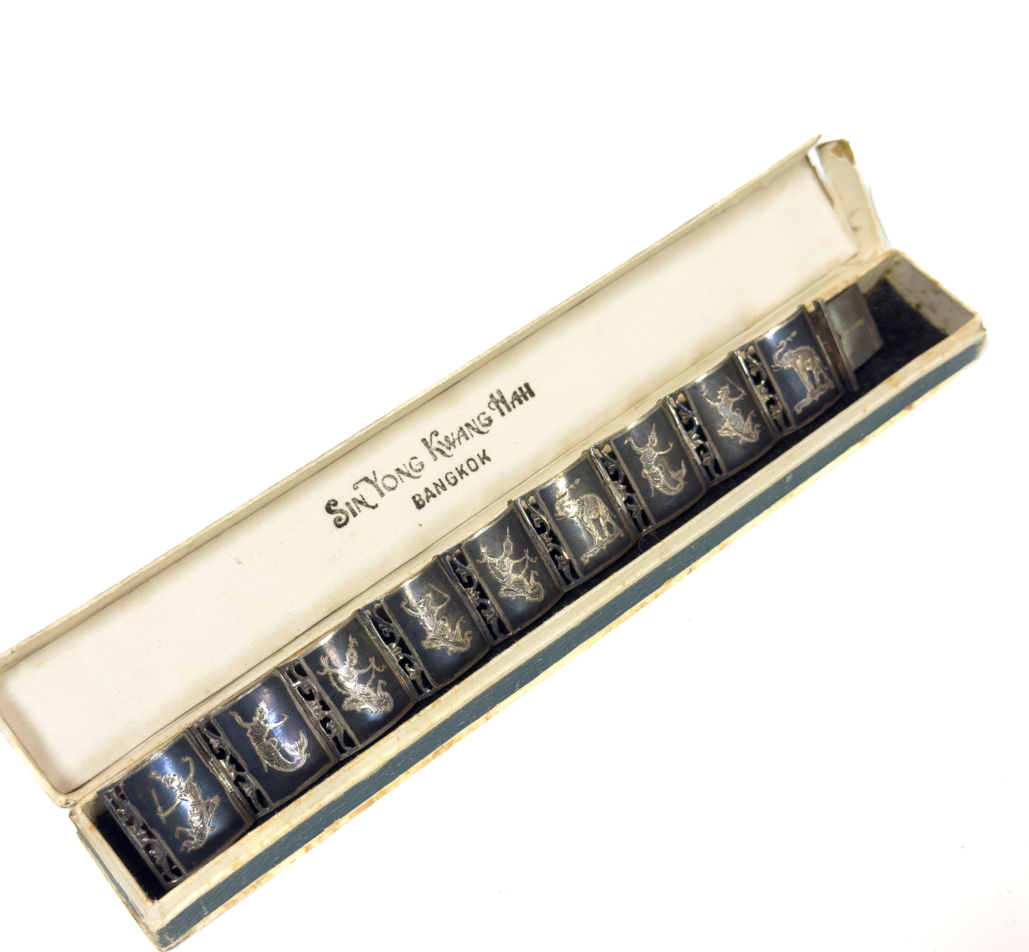 Vintage Siam Silver Niello Thai Bracelet in Original Box