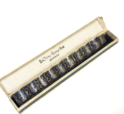 Vintage Siam Silver Niello Thai Bracelet in Original Box