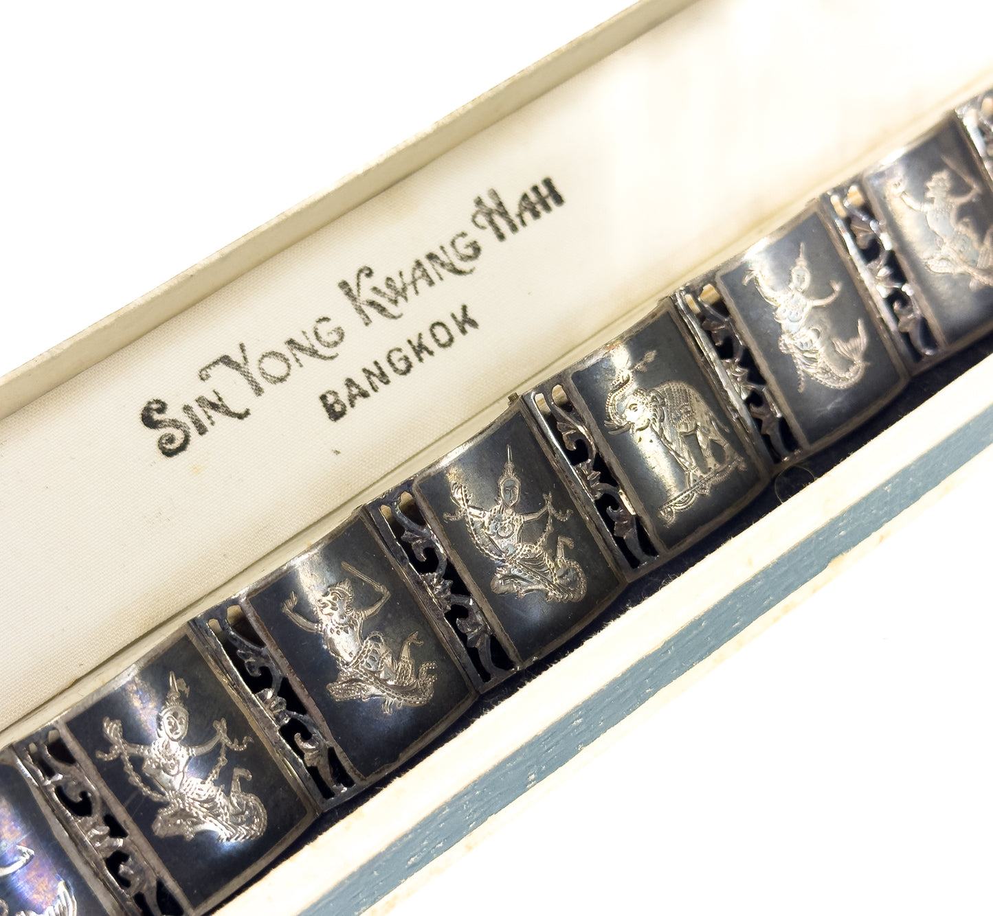 Vintage Siam Silver Niello Thai Bracelet in Original Box