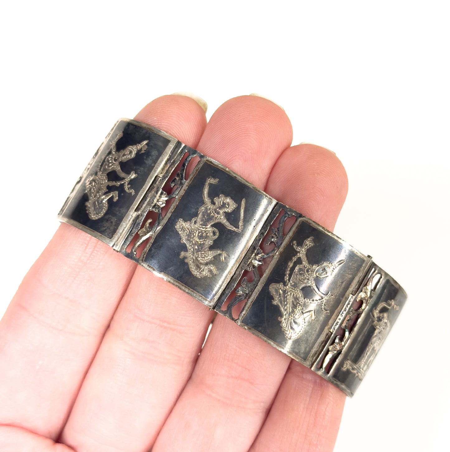 Vintage Siam Silver Niello Thai Bracelet in Original Box