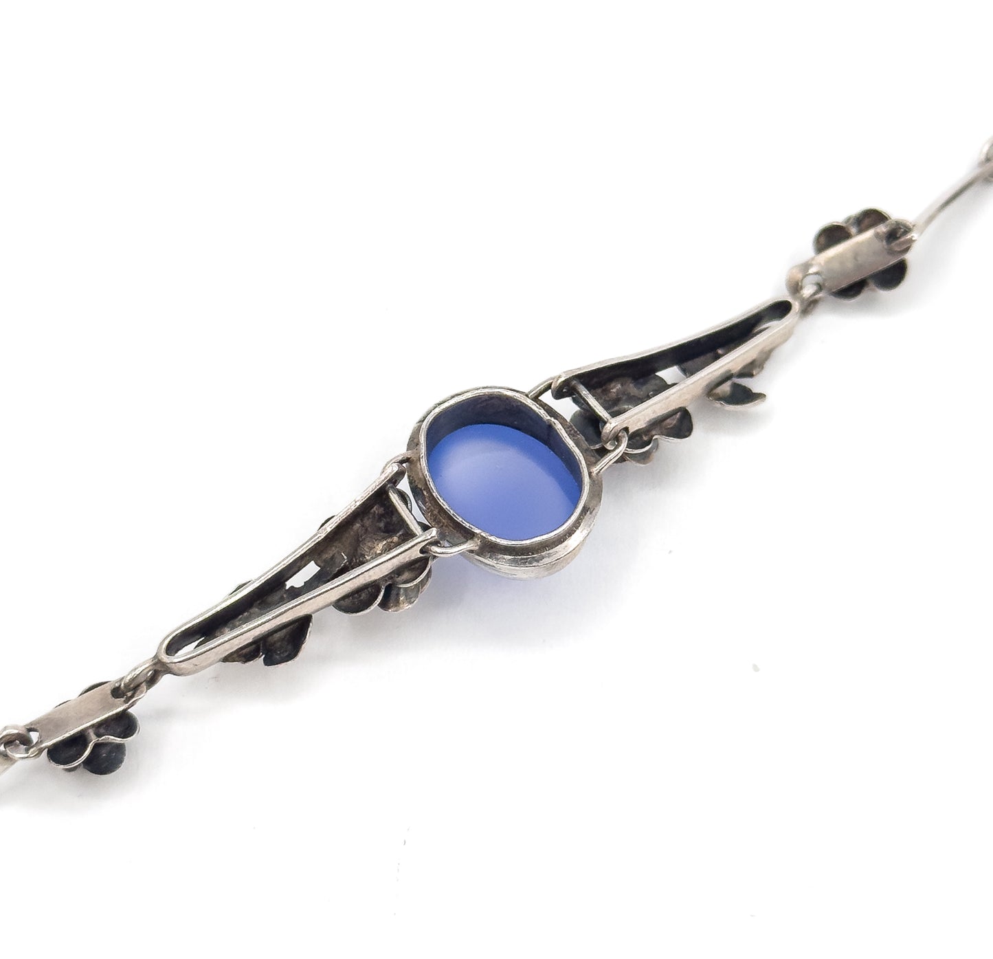 Art Deco German Blue Chalcedony Cabochon Bracelet in Sterling Silver