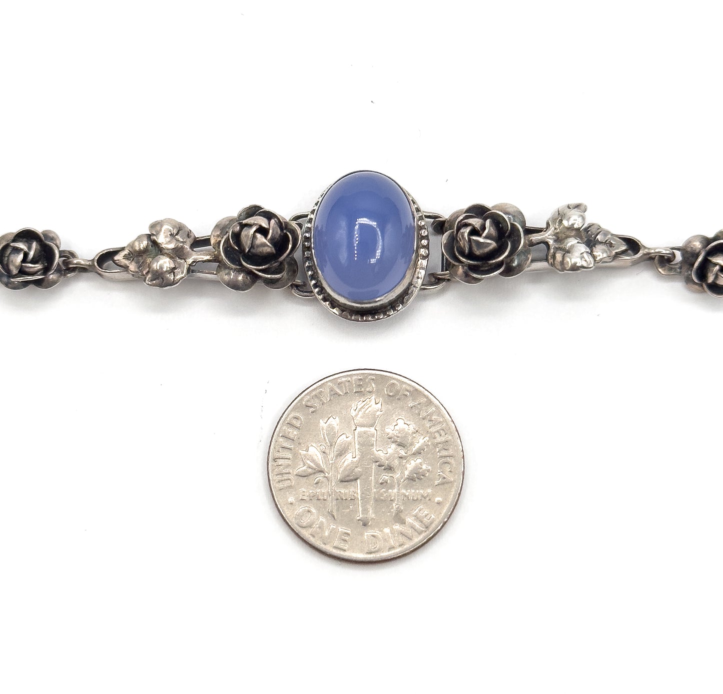 Art Deco German Blue Chalcedony Cabochon Bracelet in Sterling Silver