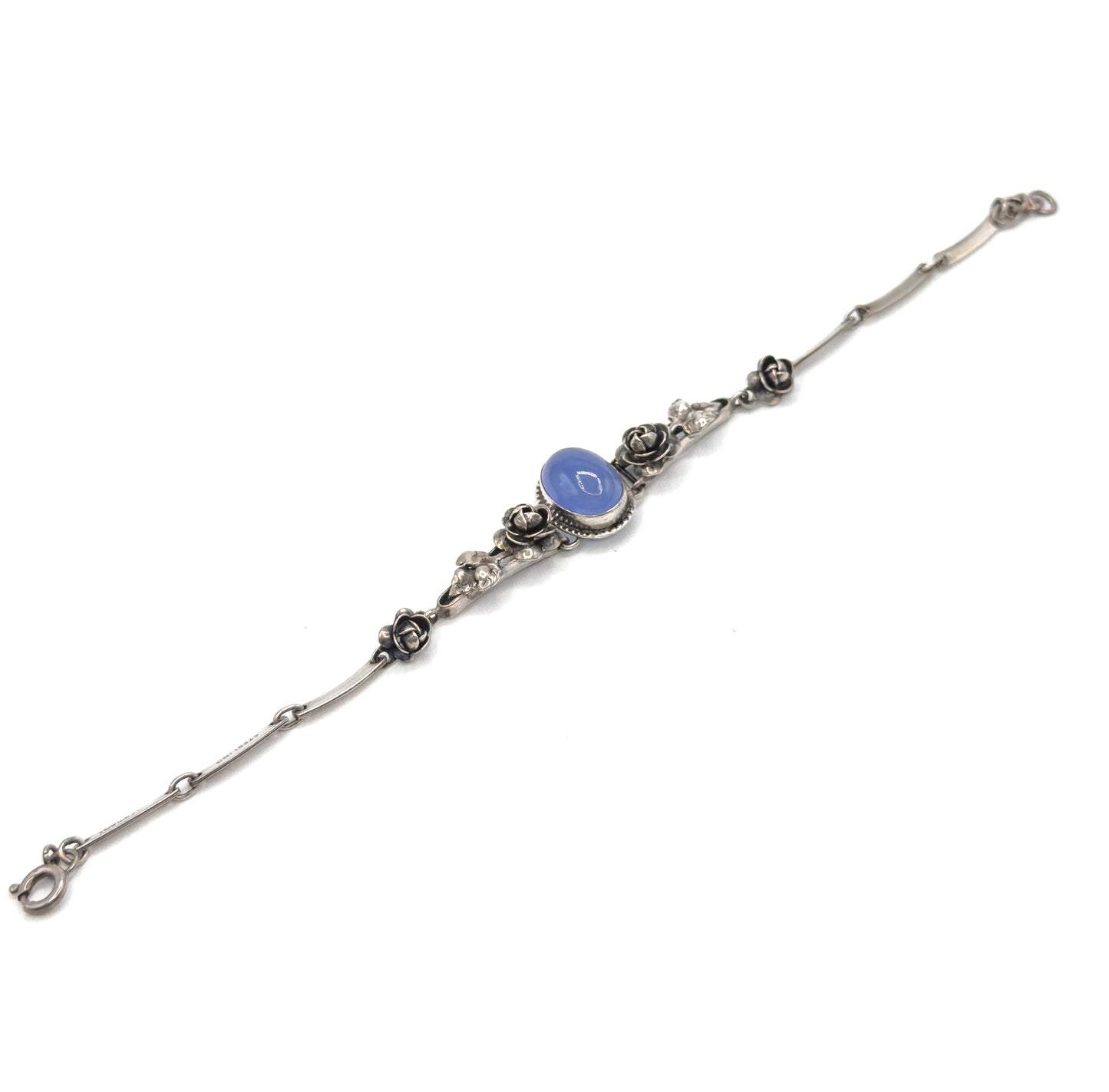 Art Deco German Blue Chalcedony Cabochon Bracelet in Sterling Silver