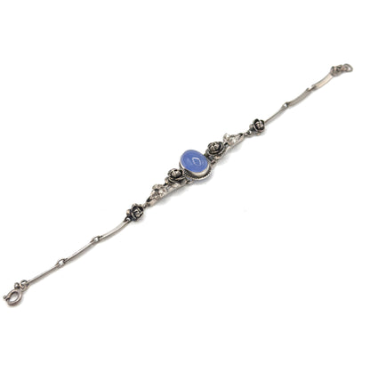 Art Deco German Blue Chalcedony Cabochon Bracelet in Sterling Silver