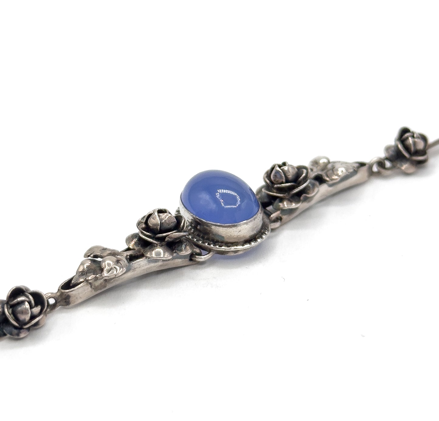 Art Deco German Blue Chalcedony Cabochon Bracelet in Sterling Silver