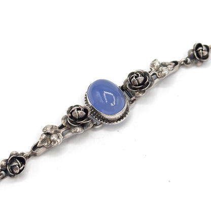 Art Deco German Blue Chalcedony Cabochon Bracelet in Sterling Silver
