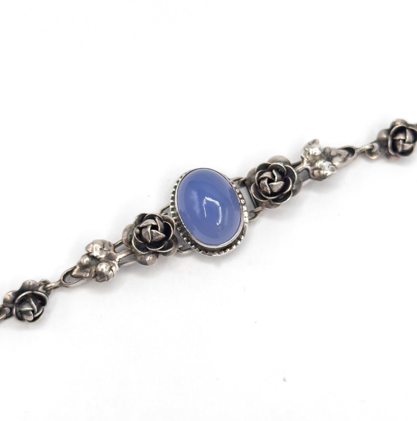 Art Deco German Blue Chalcedony Cabochon Bracelet in Sterling Silver
