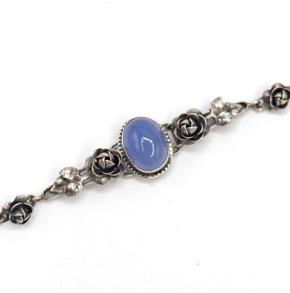 Art Deco German Blue Chalcedony Cabochon Bracelet in Sterling Silver