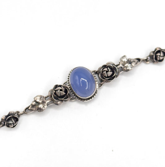Art Deco German Blue Chalcedony Cabochon Bracelet in Sterling Silver