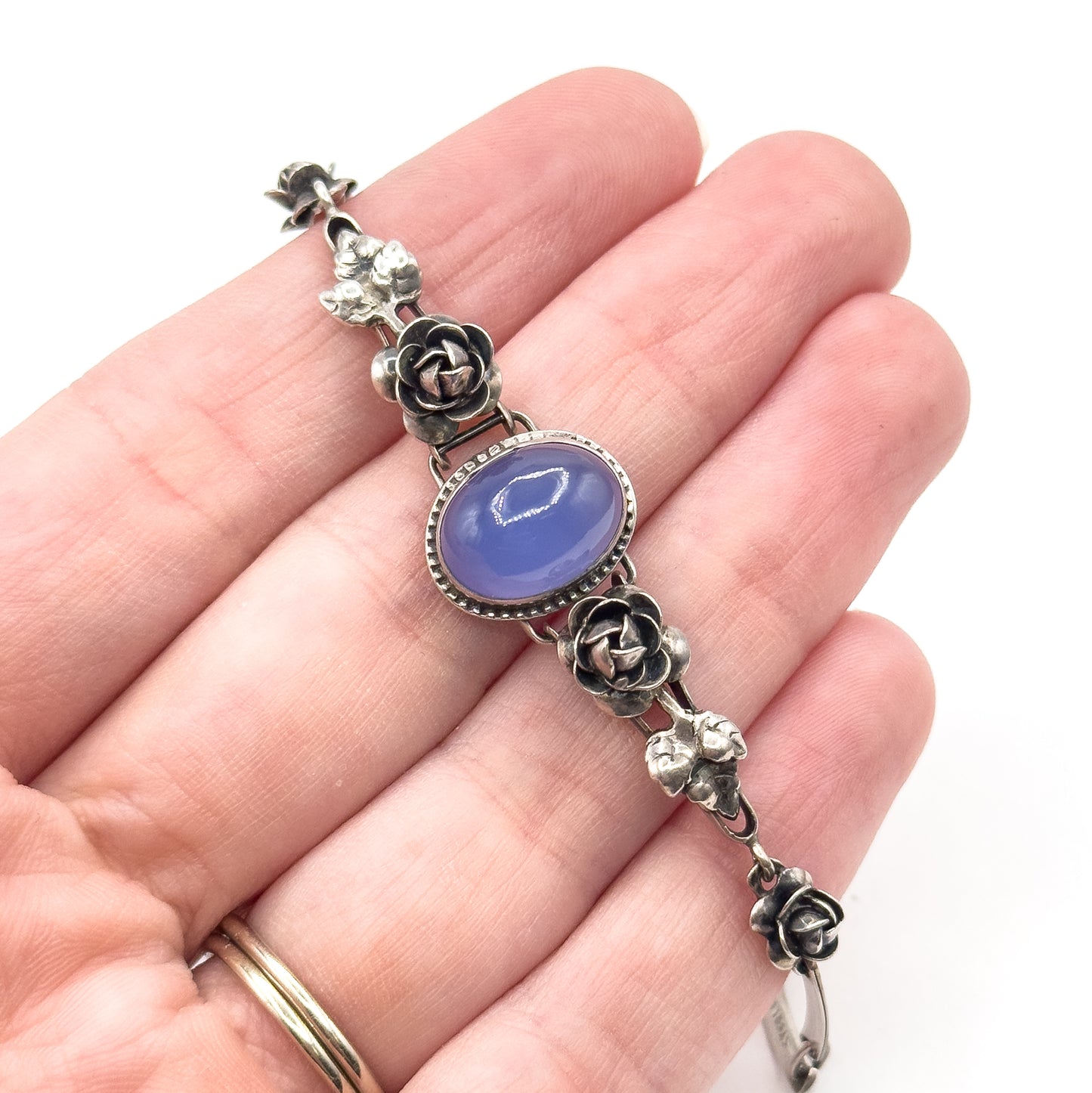 Art Deco German Blue Chalcedony Cabochon Bracelet in Sterling Silver