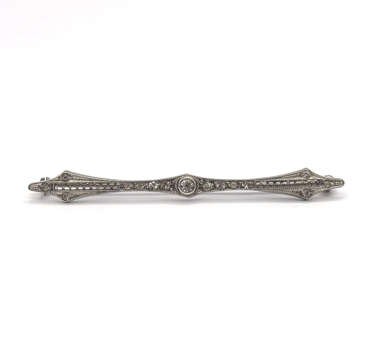 Full-length front view on plain white, the whole bar horizontal and centred so both diamond-shaped points and the pin stem and catch behind the left end are visible together.