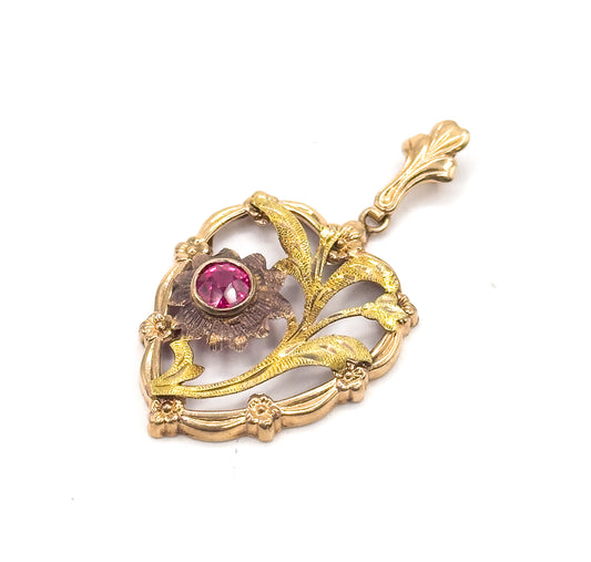 Mid-Century Synthetic Ruby Heart Pendant in 10K Gold