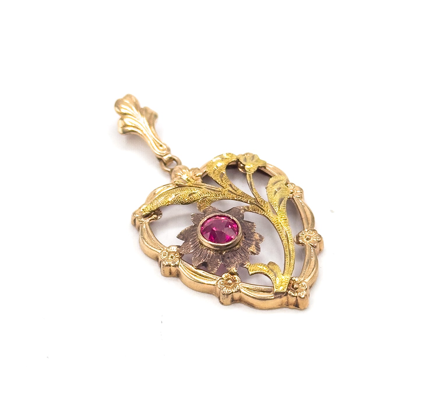 Mid-Century Synthetic Ruby Heart Pendant in 10K Gold