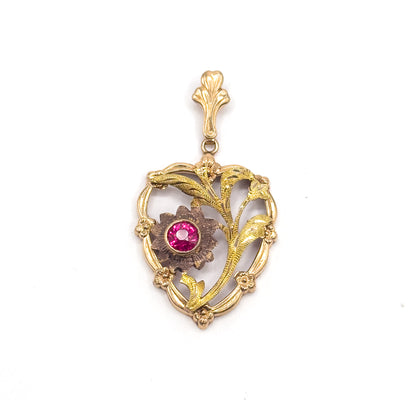 Mid-Century Synthetic Ruby Heart Pendant in 10K Gold